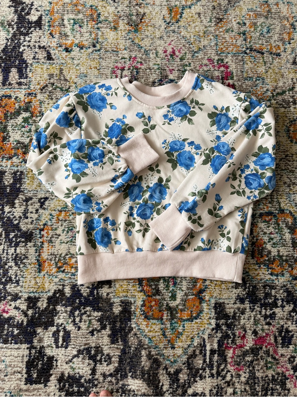 BiBi Cream Crewneck Sweater with Blue Rose Print